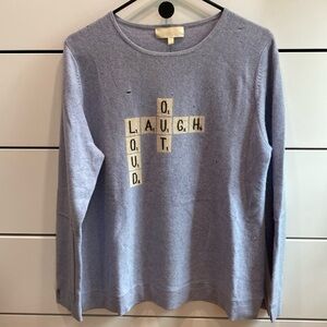 LT Brand, 100% cashmere sweater, Large, light blue with “laugh out loud” detail